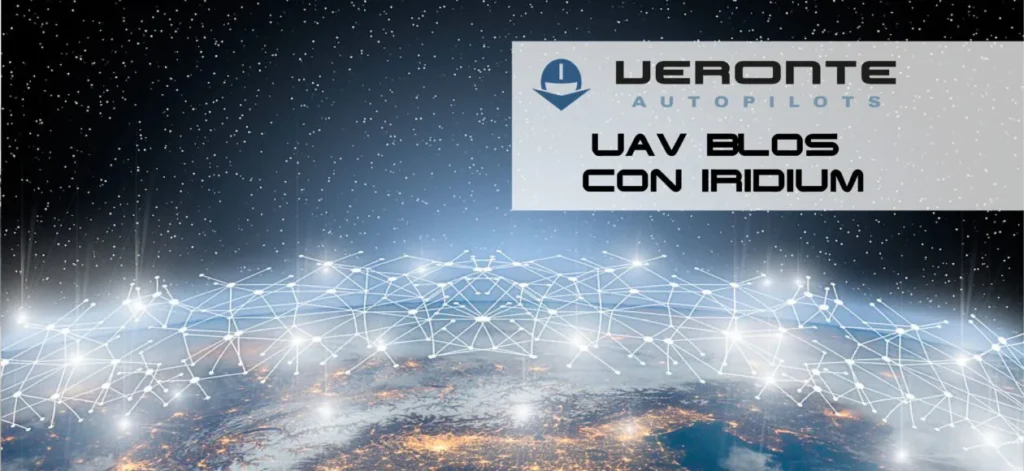 A view of Earth from space, with interconnected lines representing a communication network, alongside the "Veronte Autopilots" logo and the text "UAV BLOS con Iridium."