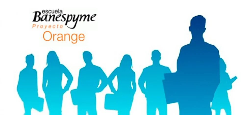 Silhouettes of people with the Banespyme Orange project logo, focusing on initiatives for entrepreneurship and business growth.