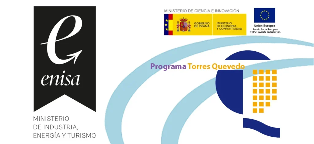 "Logos of ENISA and Spanish government programs supporting innovation, highlighting the Torres Quevedo program for scientific and technical research.
