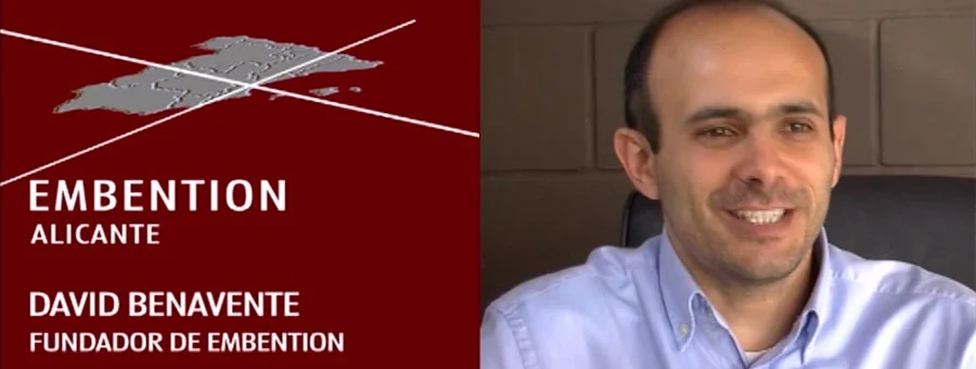 David Benavente, founder of Embention, during an interview, with the company's logo displayed on the left.
