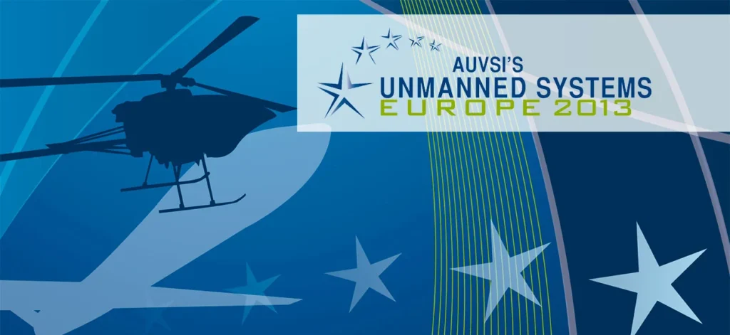 A graphic of a helicopter silhouette set against a blue background, promoting the AUVSI's European Unmanned Systems conference.