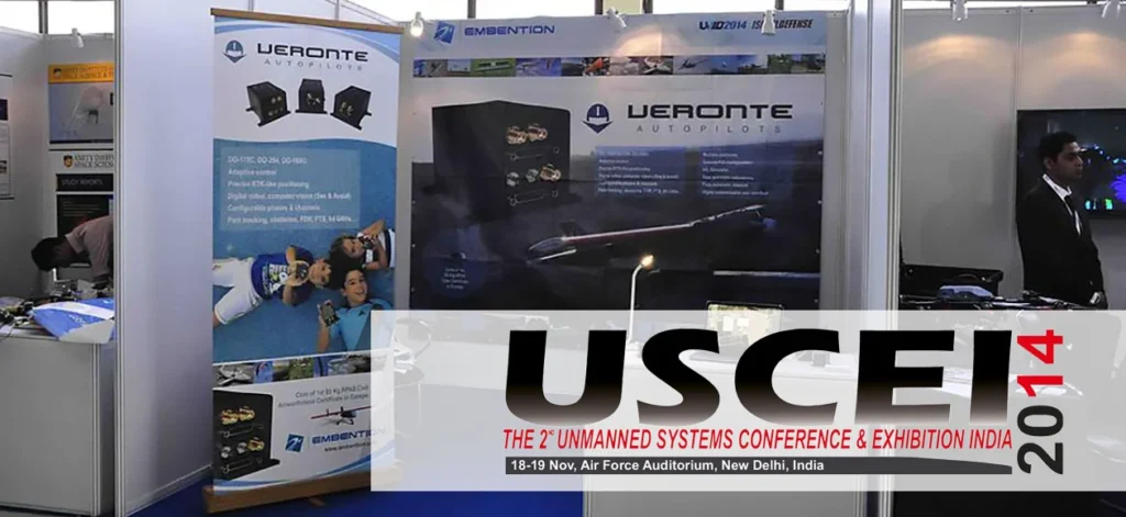 Booth showcasing Veronte autopilots at the 2nd Unmanned Systems Conference & Exhibition India, highlighting drone technology advancements.