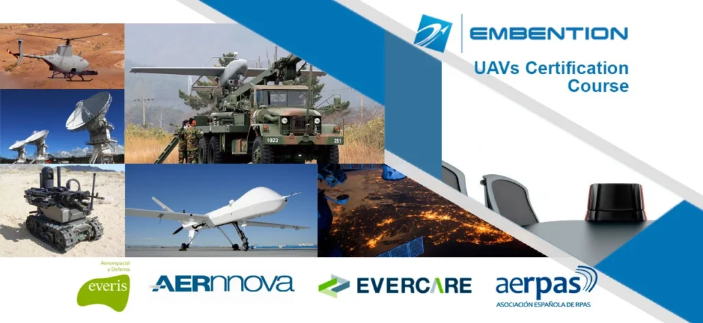 A promotional image for a UAV certification course by Embention, featuring various military and civil drone technologies.