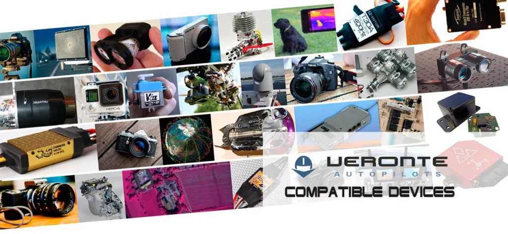 Collection of various devices compatible with Veronte autopilots displayed in a montage.