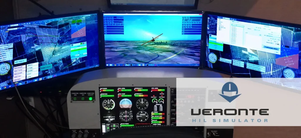 HIL simulator setup with multi-screen displays for UAV training, showcasing advanced flight controls and real-time simulations.