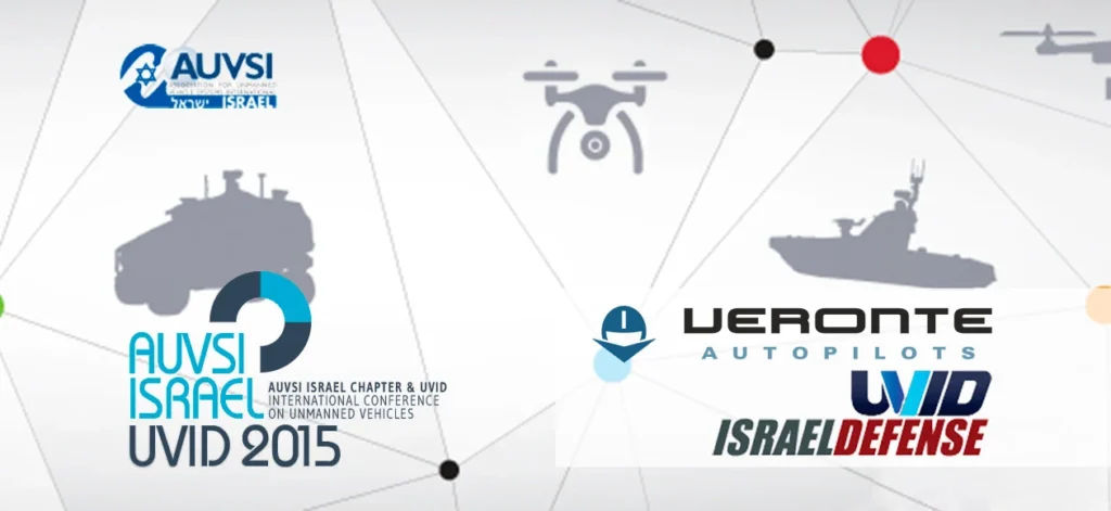 AUVSI Israel UVID 2015 event logos featuring unmanned vehicle icons, with Veronte Autopilots and Israel Defense logos.