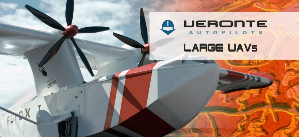 Close-up of a large UAV with Veronte Autopilots branding, highlighting advanced drone technology.