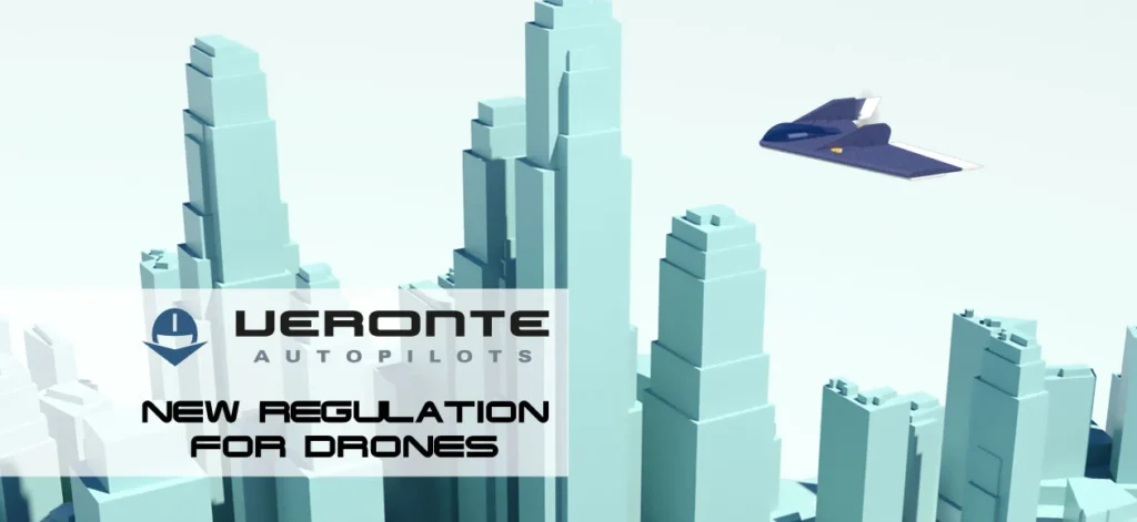 Abstract cityscape with a drone flying over, symbolizing new drone regulations.