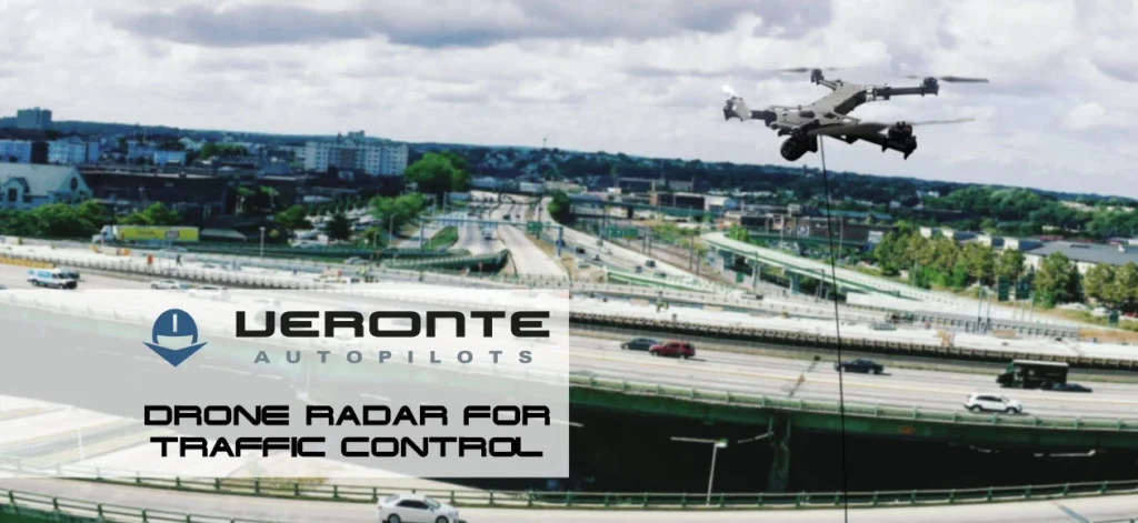 Drone equipped with radar hovering over a busy highway for traffic monitoring.