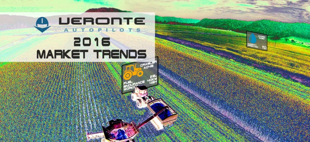Graphic depicting drones over farmland, highlighting 2016 market trends in UAV technology.
