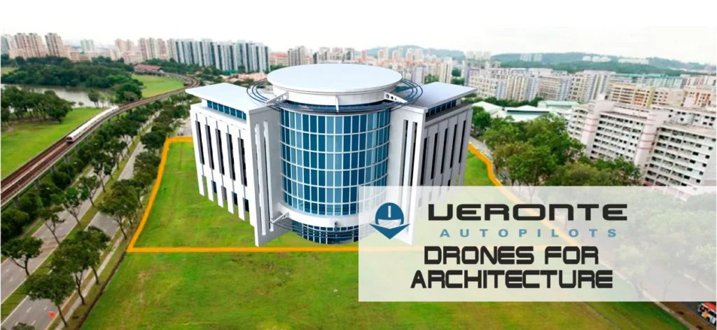 A drone captures aerial imagery of a modern building, showcasing the benefits of drones in architectural planning.