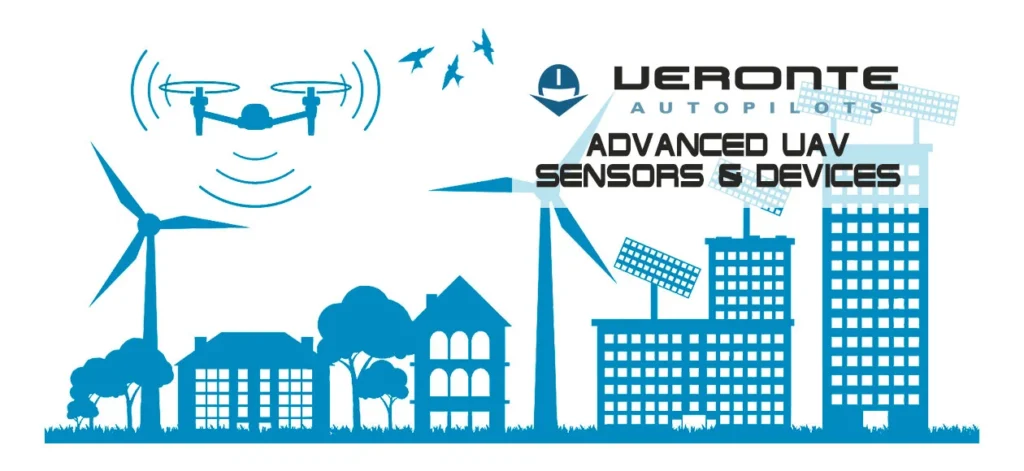 Illustration of drones flying over a smart city, emphasizing the integration of advanced sensors in UAVs.