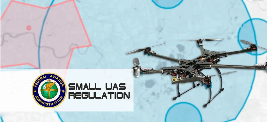 A drone flying over a map with the FAA logo, symbolizing regulations for small unmanned aircraft systems (UAS).