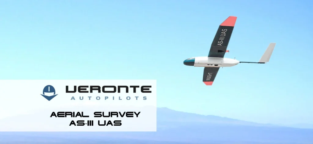 Fixed-wing drone in flight over a mountainous landscape, labeled with Veronte autopilots for aerial survey.