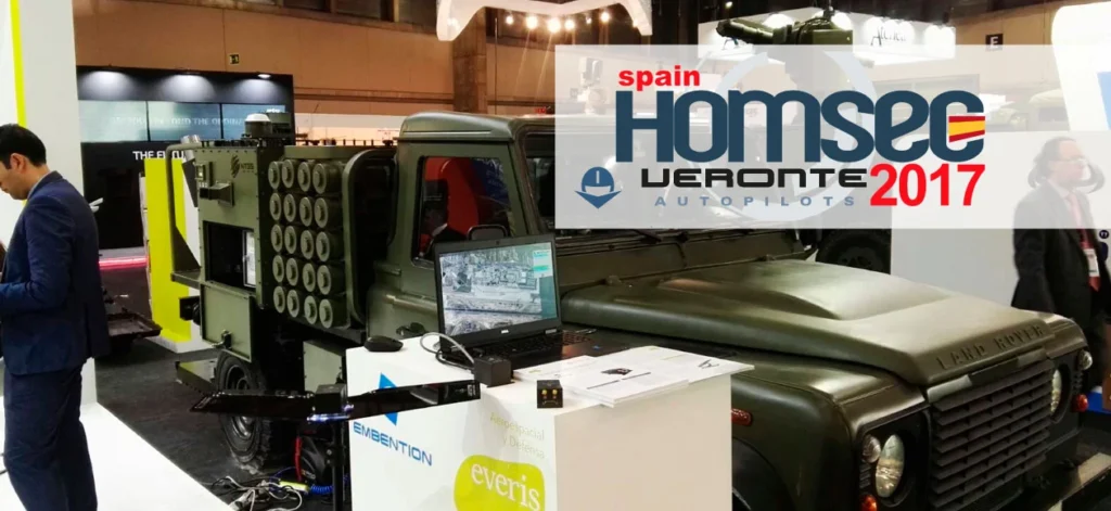 A military vehicle equipped with Veronte autopilot systems on display at the Homsec 2017 defense and security exhibition in Spain.