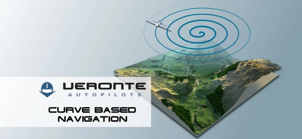 UAV performing curve-based navigation over a mountainous terrain with Veronte Autopilots, optimizing flight paths.