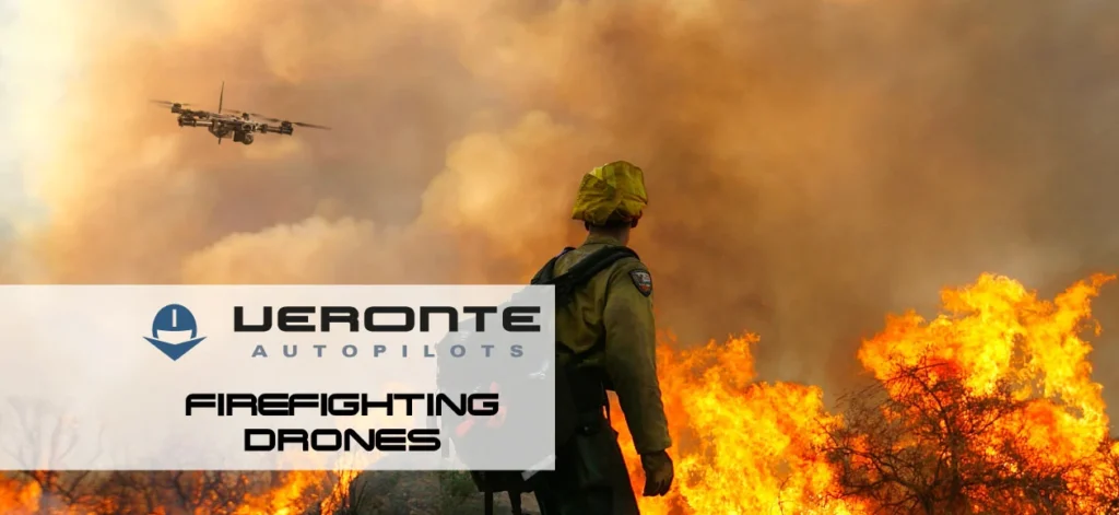 Firefighter watches as a drone flies over a wildfire, representing firefighting operations using drones by Veronte Autopilots.