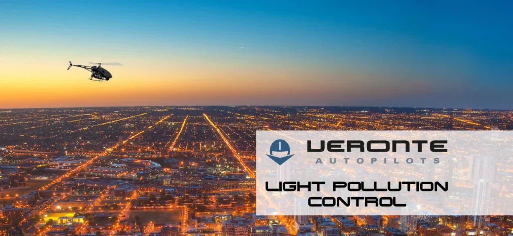 Drone flying over a city at dusk, highlighting light pollution control efforts by Veronte Autopilots.