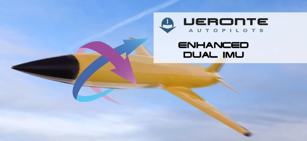 High-speed aerial drone with arrows indicating dual IMU technology enhancements by Veronte Autopilots.