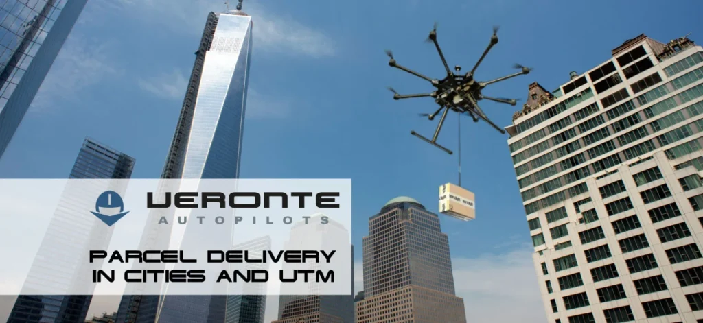 A drone transports a parcel through a city's skyline, demonstrating urban delivery capabilities within UTM systems.