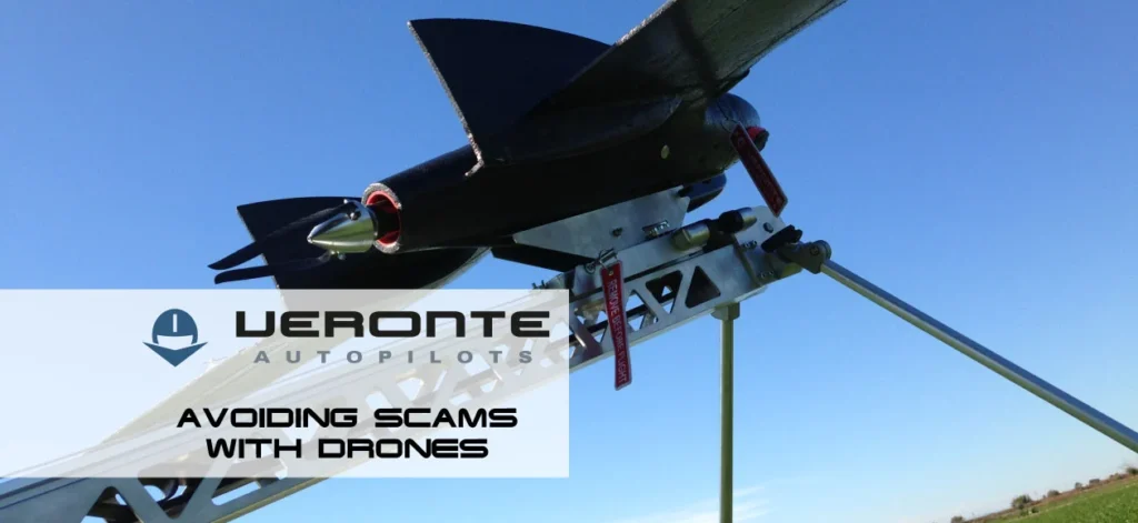 Electricity pylons under a cloudy sky with a drone in flight, featuring Veronte Autopilots and GPS technology.