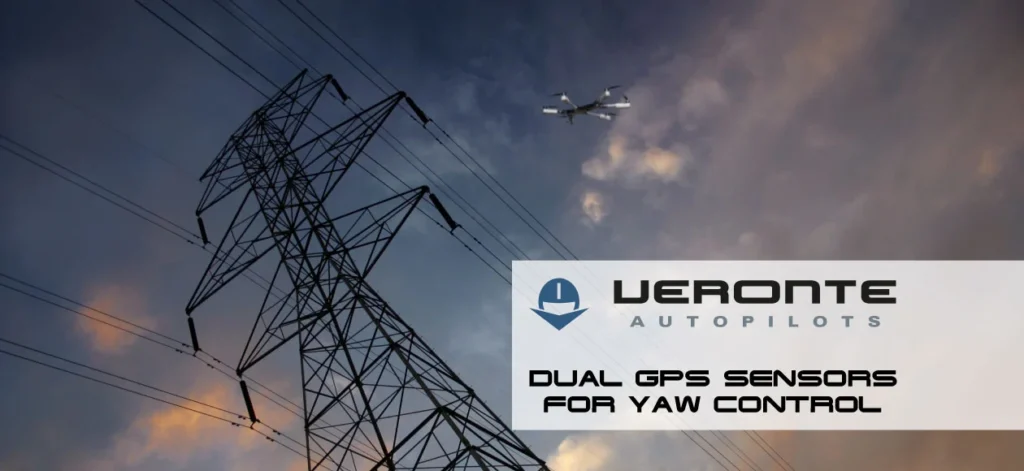 Electricity pylons under a cloudy sky with a drone in flight, featuring Veronte Autopilots and GPS technology.