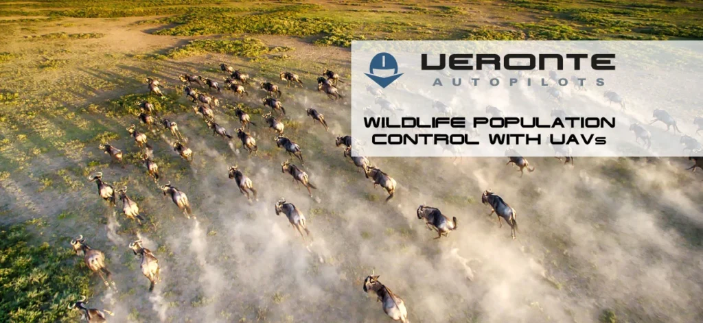 Aerial view of a herd of antelope running through a dusty field, with a promotional overlay for Veronte Autopilots on wildlife control.