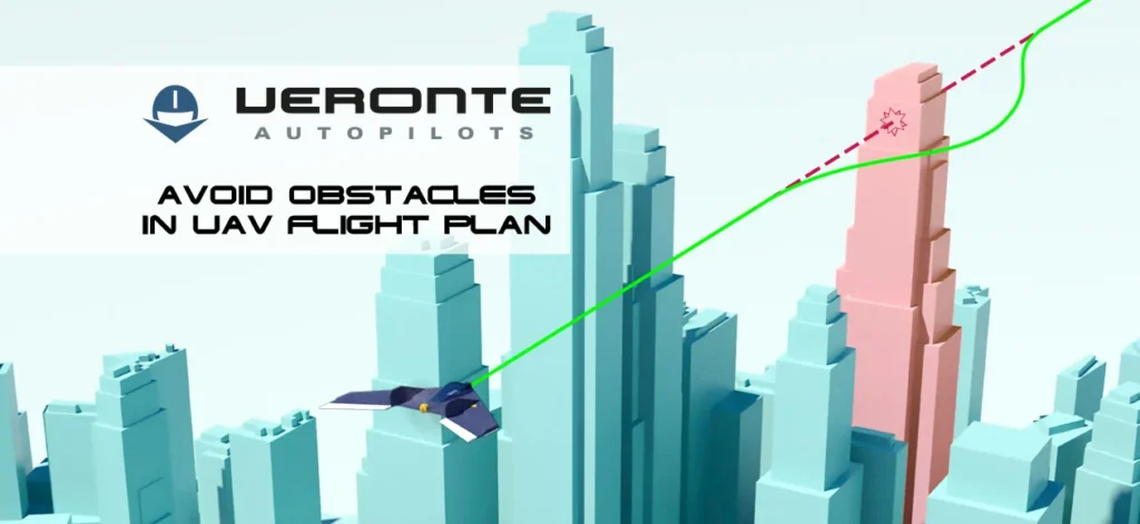 Veronte Autopilots demonstrates obstacle avoidance in UAV flight plans. The image shows a UAV navigating through a cityscape, adjusting its path to avoid a collision.