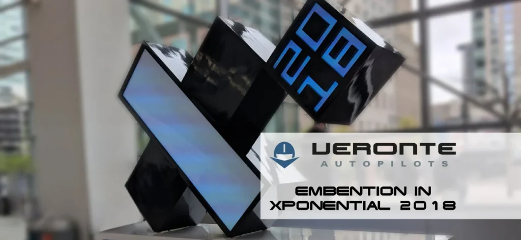 Veronte Autopilots featured at Xponential 2018. The image shows Embention's participation in the event, highlighting their advancements in autonomous technology.