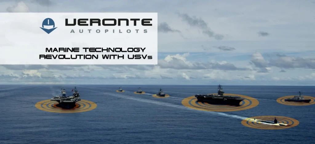 Veronte Autopilots highlights the revolution in marine technology with USVs. The image shows autonomous surface vessels operating seamlessly in the ocean.