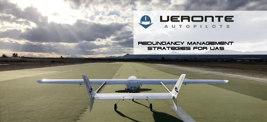 Image of a UAV on a runway with the title "Redundancy Management Strategies for UAS" by Veronte Autopilots.
