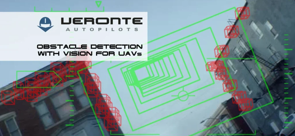 Image of a UAV system using vision-based obstacle detection technology, highlighted with red and green outlines on buildings.