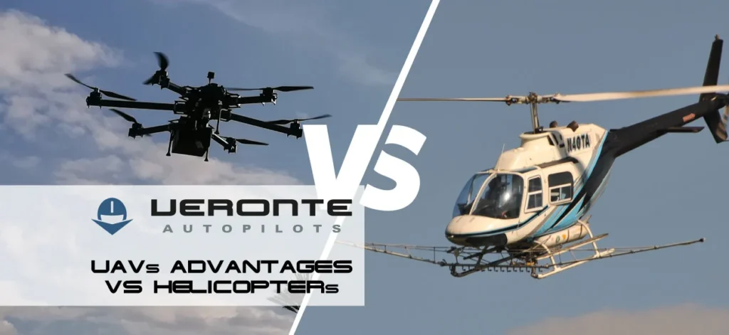 An image comparing a multirotor UAV and a helicopter, highlighting the advantages of UAVs over helicopters in various applications.
