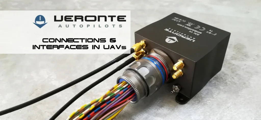 Image of a Veronte Autopilot unit with multiple wiring connections, highlighting UAV interfaces.