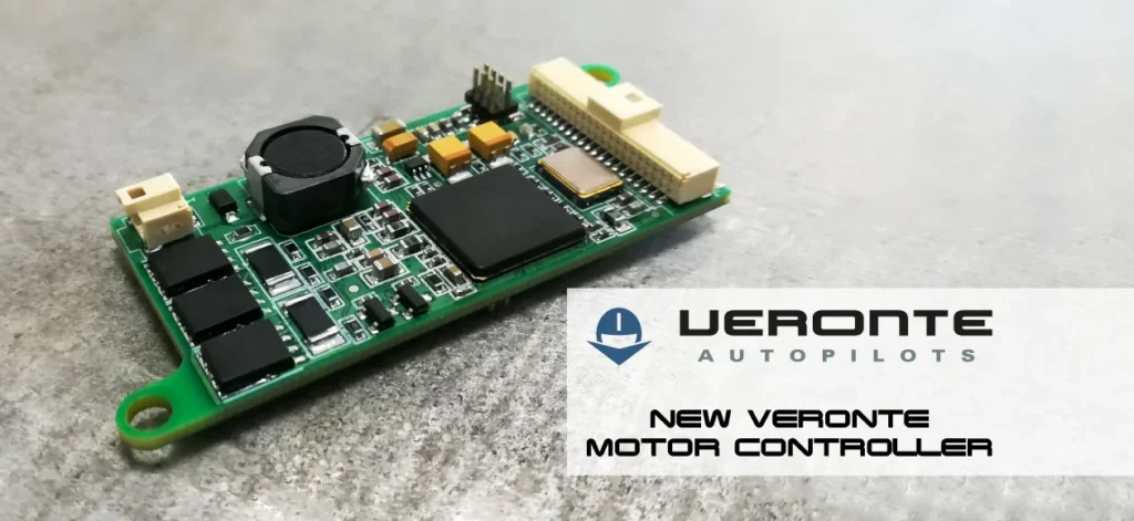 A close-up view of the new Veronte Motor Controller board for UAVs, featuring various electronic components and connectors, with the Veronte Autopilots logo and the text 'New Veronte Motor Controller' displayed.