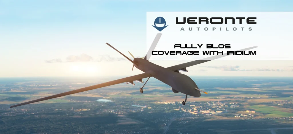 Image of a UAV flying over a landscape, promoting Veronte Autopilots' full BLOS coverage with Iridium.