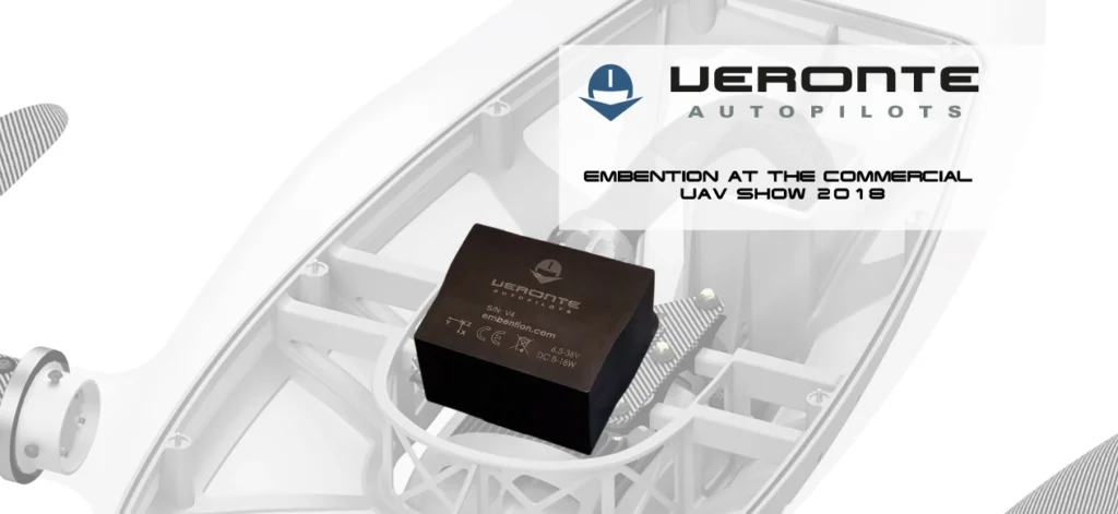 An image of a Veronte autopilot unit installed in a UAV, displayed at the Commercial UAV Show 2018.