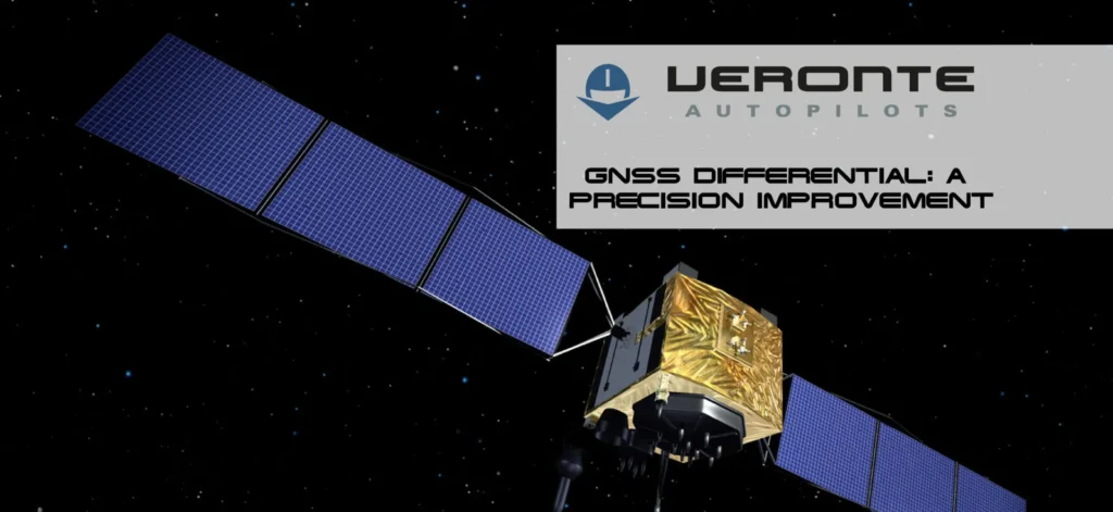 A satellite with large solar panels orbits in space, with the "Veronte Autopilots" logo and the text "GNSS Differential: A Precision Improvement."