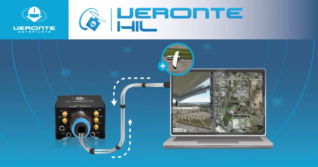 Diagram showing Veronte Autopilot HIL setup with XPlane 11. The Veronte Autopilot device is connected to a laptop displaying a flight simulation screen, illustrating the integration between the hardware and the flight simulator.