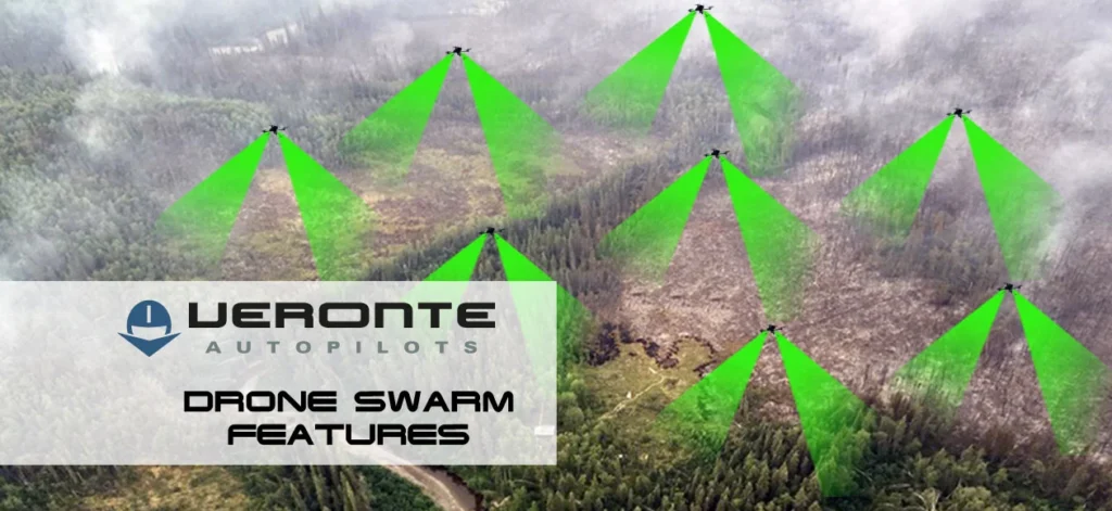 Swarm of UAVs with Veronte Autopilots scanning a forest area, showcasing drone swarm features.
