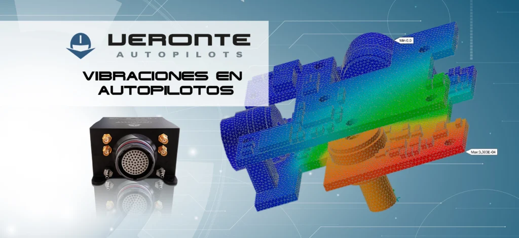 Promotional banner for 'Vibraciones en Autopilotos' featuring a 3D simulation of autopilot vibrations, a Veronte Autopilot device on the left, and a vibrant color-coded vibration impact map.