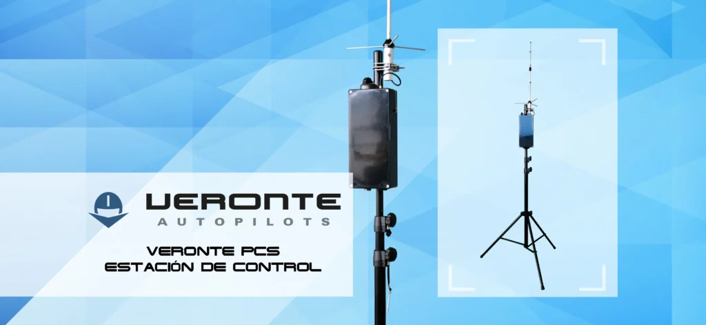 Promotional graphic for Veronte PCS, showcasing a vertical, pole-mounted control station with a durable casing and antennas for drone and UAV operations, set against a blue gradient background with the Veronte Autopilots logo and 'Veronte PCS Control Station' text.