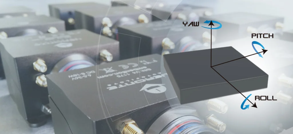 Close-up view of multiple Inertial Measurement Units (IMUs) with labels for yaw, pitch, and roll, highlighting their use in UAV navigation systems.