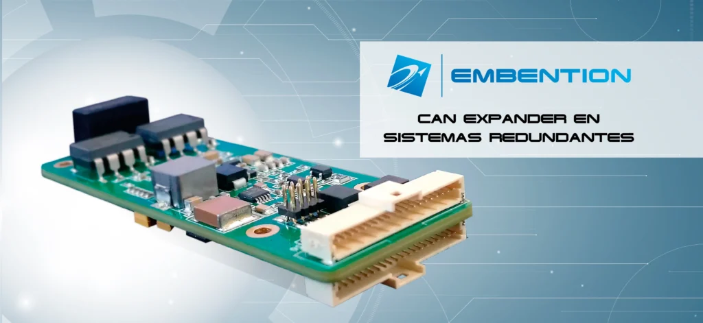 Close-up of the Veronte Can Expander circuit board, highlighting its components and connections, with Embention branding for redundant systems.