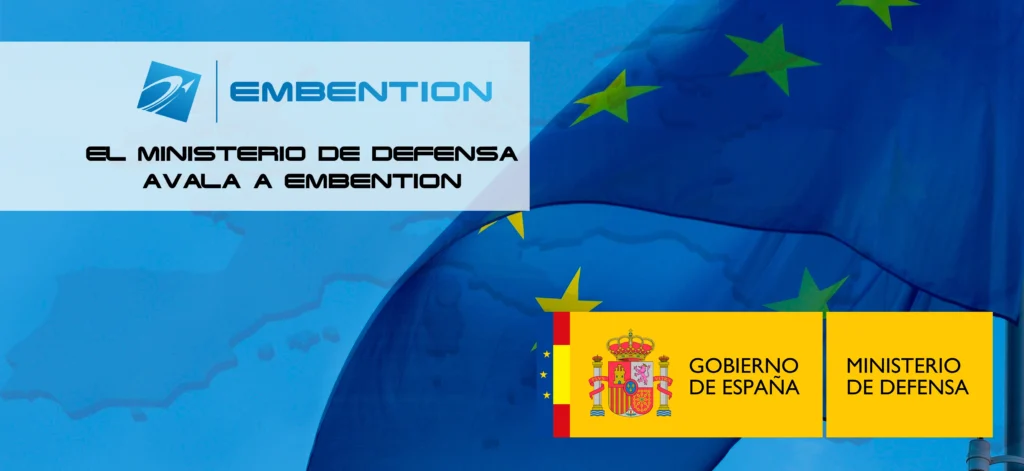 Promotional image featuring the Embention logo alongside the European Union and Spanish flags, highlighting endorsement from the Spanish Ministry of Defense.
