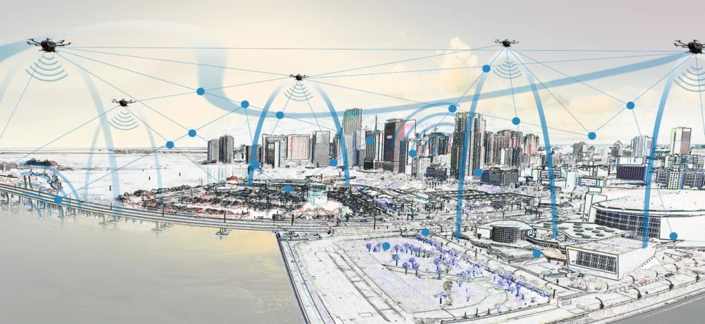 An illustrated concept showing multiple drones connected via 5G networks over a cityscape, representing urban airspace integration.