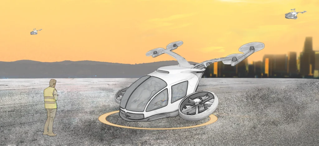 Illustration of eVTOL aircraft on the ground and in flight, with a technician nearby, highlighting the importance of certification and special conditions set by AESA for VTOL aircraft.