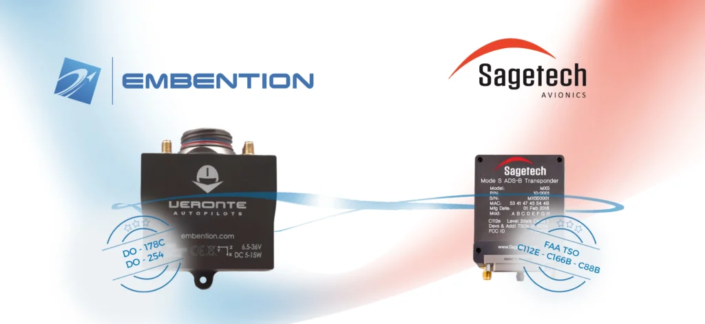Image showcasing Embention's Veronte Autopilot and Sagetech Avionics' ADS-B transponder, highlighting their collaboration to enhance situational awareness in unmanned aerial vehicles (UAVs).