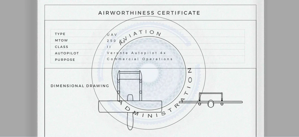 Airworthiness Certificate for Veronte Autopilot 4x in UAV, showing MTOW, type, and purpose for commercial operations with dimensional drawing overlay.