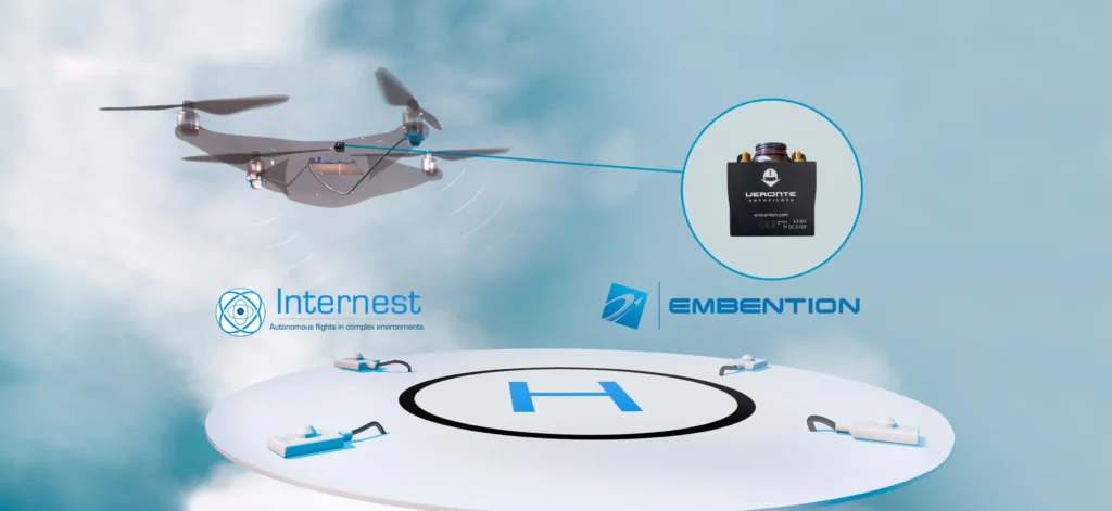 Drone equipped with the LoLaS system and Veronte 1x autopilot, showcasing the technological integration of Internest and Embention to ensure precise autonomous landings on mobile platforms.